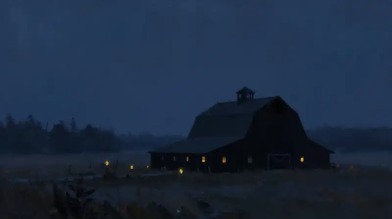 Atmospheric small town and mysterious barn in deep blue tones