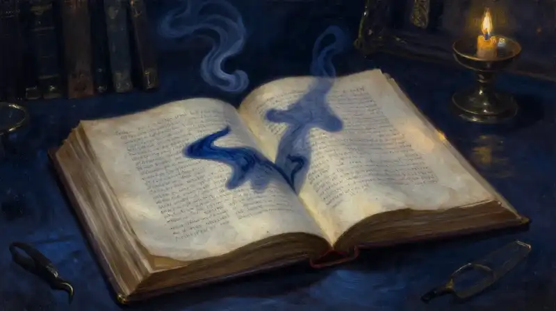 An open old book with swirling ink in deep blue tones