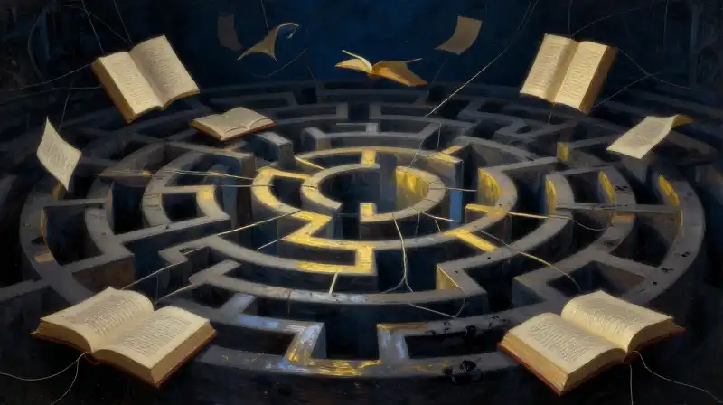 A complex labyrinth of interconnected books and ink threads