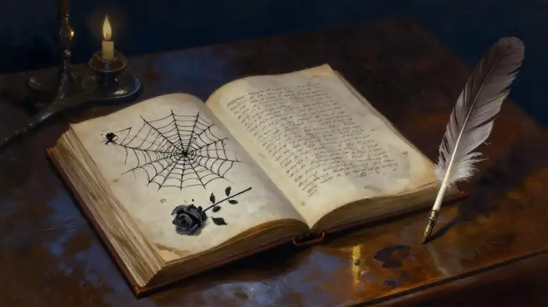 An open manuscript with a rose and spiderweb in moody blue tones