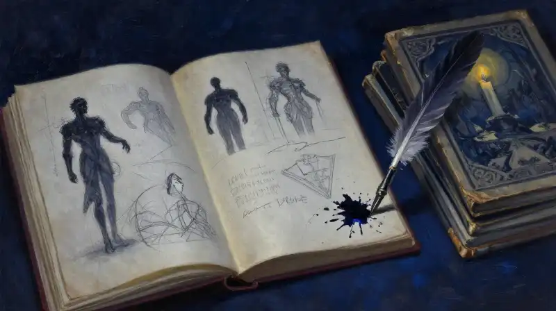 An open manuscript with heroic sketches in moody blue tones
