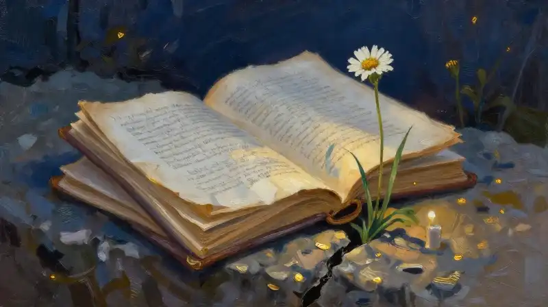 Old books and a wildflower in moody indigo light