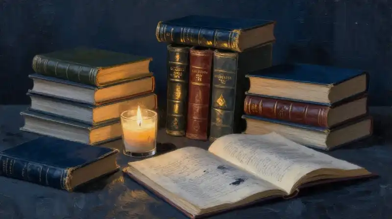Stacked old books and a glowing candle in dark blue tones
