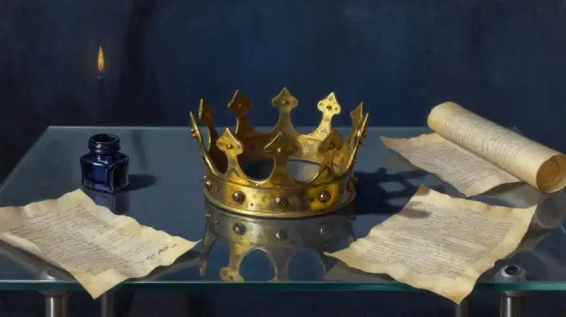 Anachronistic crown and parchment on a modern glass desk