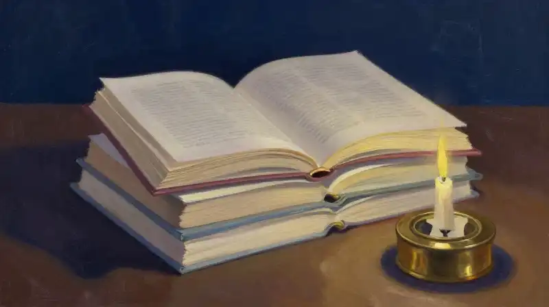 Stack of modern plays and manuscripts in moody blue light