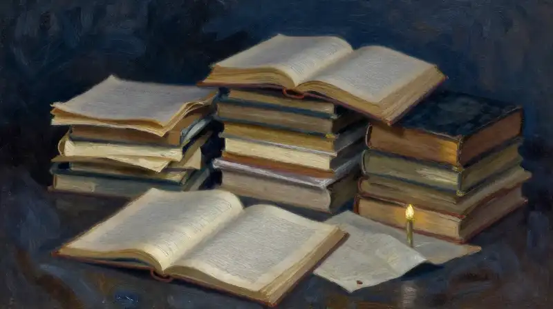 Scholarly manuscripts and journals in a moody blue library setting