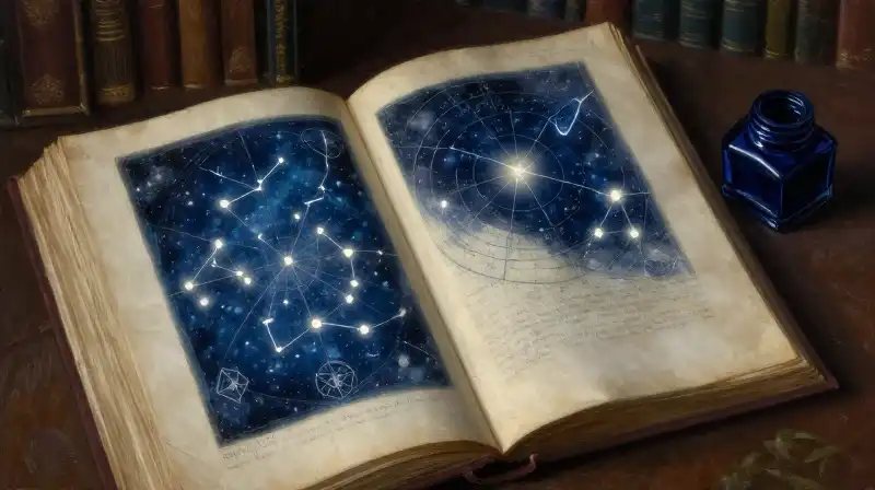 An open book with glowing star maps in a dark library