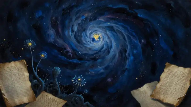 Ethereal alien life and ancient manuscripts in deep blue tones