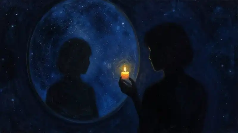 A human silhouette reflecting a vast starry cosmos in deep blue tones