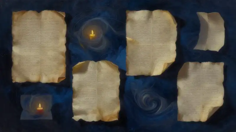 Ethereal ink-stained parchment fragments floating in deep blue shadows