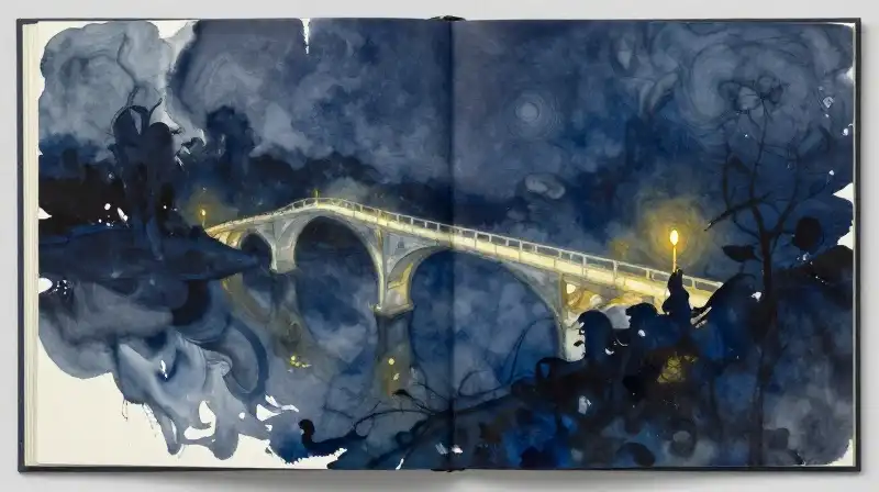 Abstract ink strokes and watercolor flowing from an open book