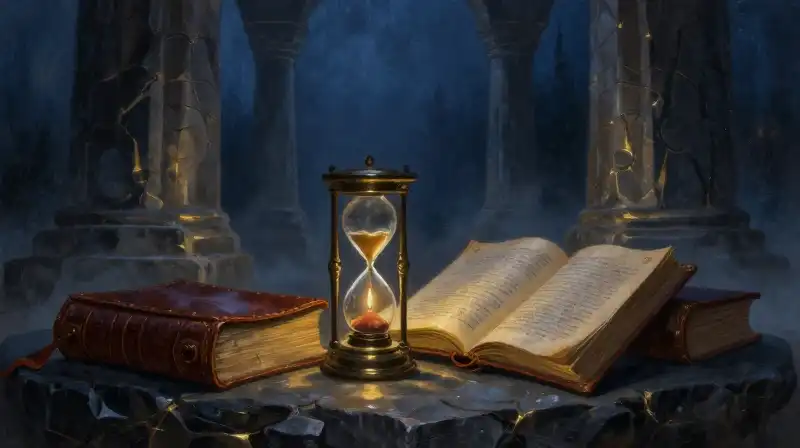 Ancient books and stone pillars in a moody blue atmosphere