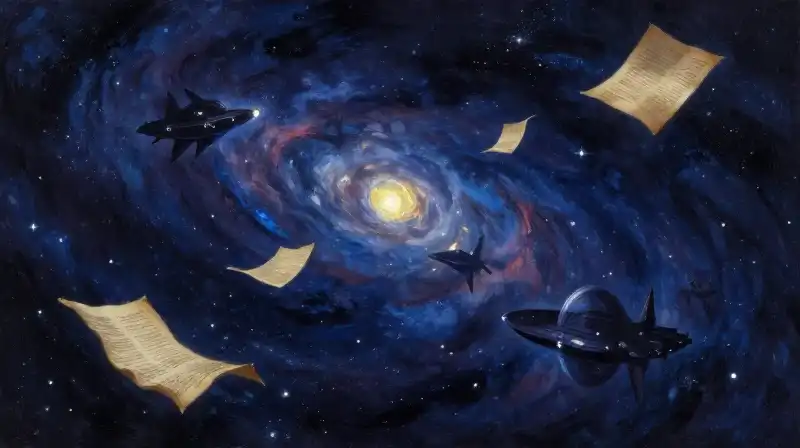 Ethereal cosmic nebula with floating antique manuscripts in deep blue