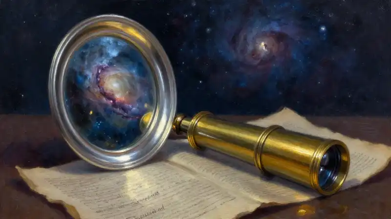 A silver mirror and brass telescope on old manuscripts in deep blue tones