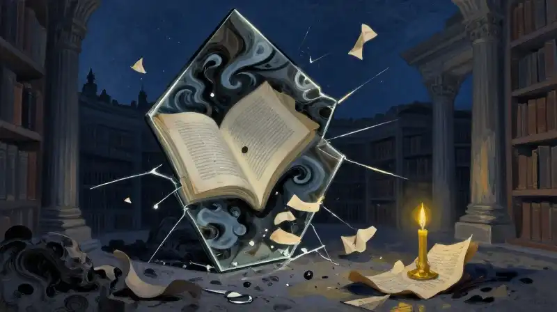 Fragmented mirror reflecting floating pages in a dark blue library
