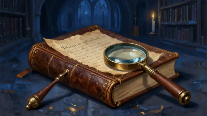 An atmospheric oil painting of a mystery book and candlelight