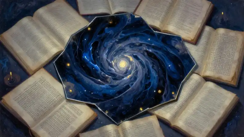 Fragmented mirror and open books in deep indigo tones