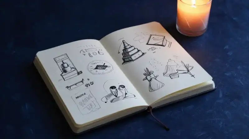 An open sketchbook with ink drawings on a dark blue desk