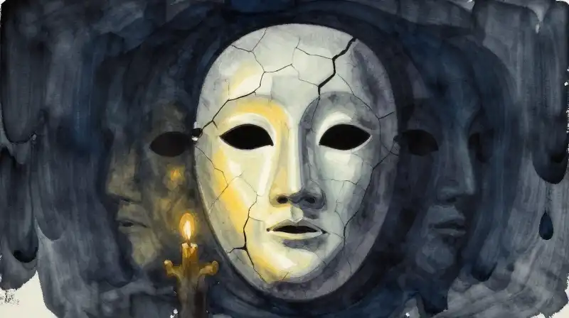 Abstract ink-wash silhouette and cracked mask in deep indigo tones