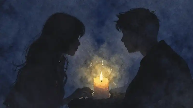 Two silhouettes in deep blue ink with golden light highlights
