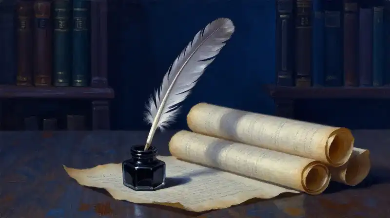A transition of literary objects from whimsical to realistic in indigo tones