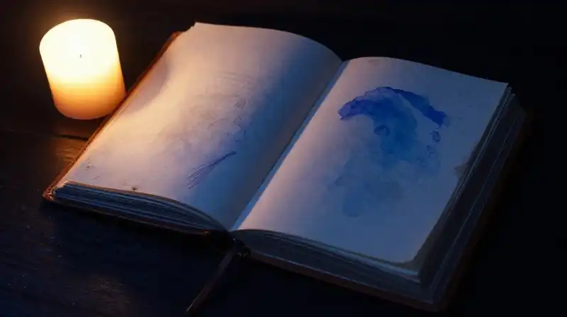 Open antique book with candlelight in a blue moody setting