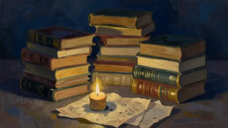 An atmospheric oil painting of old books and parchment