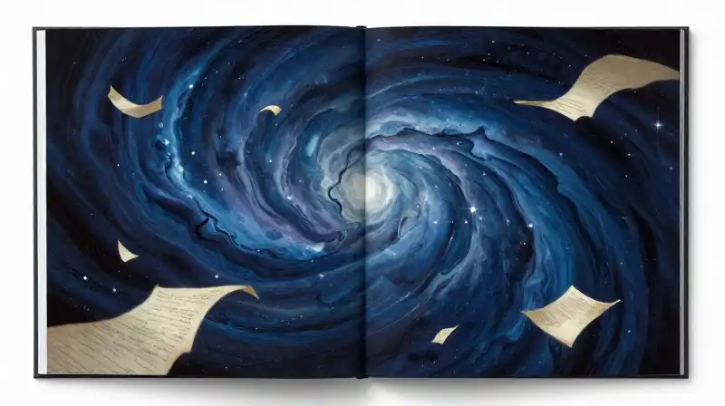 An open book revealing a swirling blue cosmic nebula