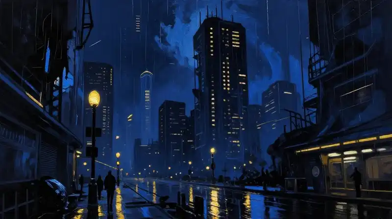 Cyberpunk noir cityscape in deep indigo ink tones