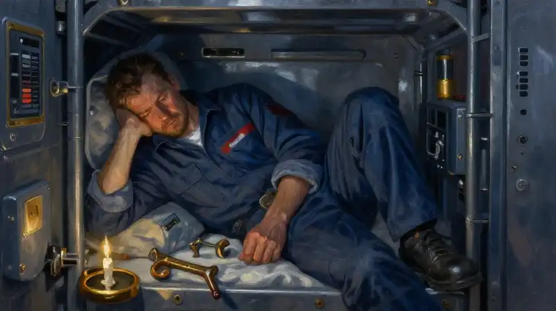 A weary worker resting in a dim blue space station bunk