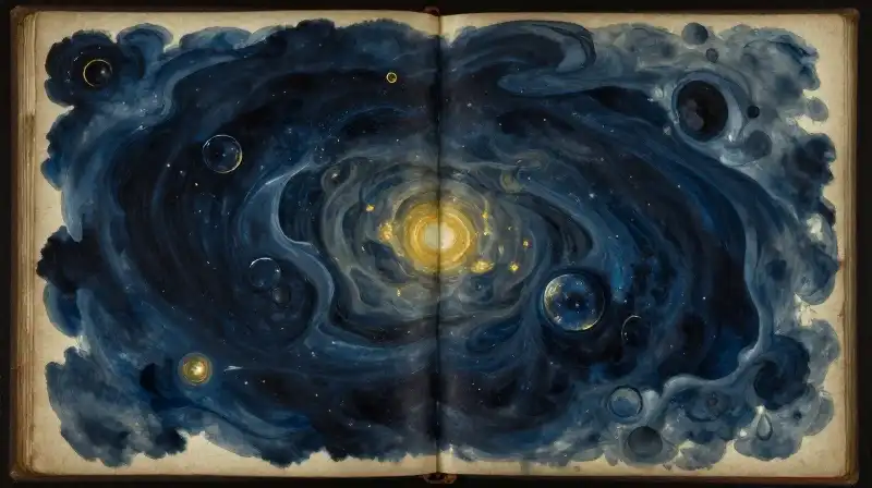An open manuscript revealing cosmic visions in indigo and gold