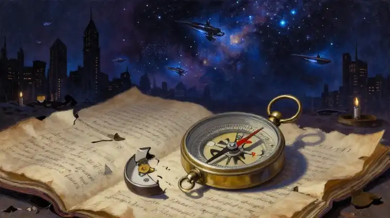 Literary illustration of dystopian and science fantasy elements in indigo blue