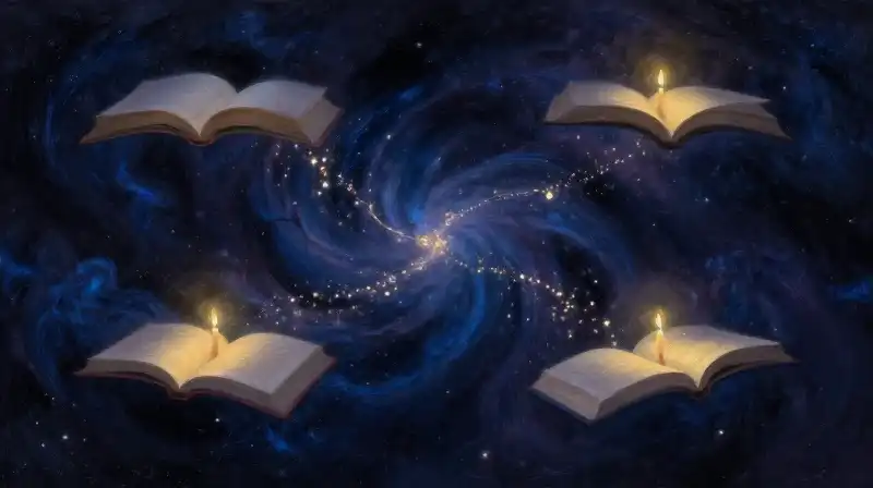 Three glowing books floating in a cosmic blue nebula