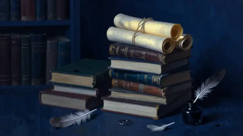 Stacked old books and scrolls in a dark blue library