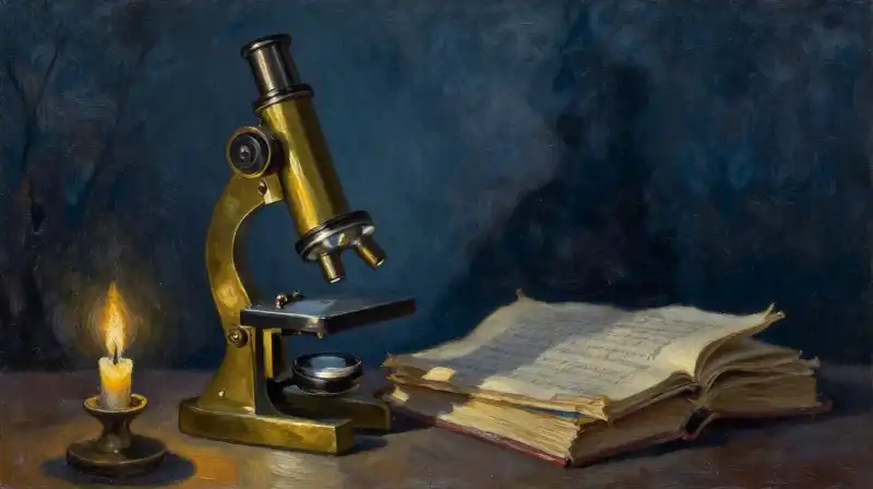 Antique microscope and manuscripts in moody blue light