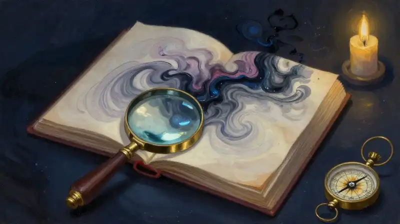 Atmospheric open book with cosmic ink swirls and golden light