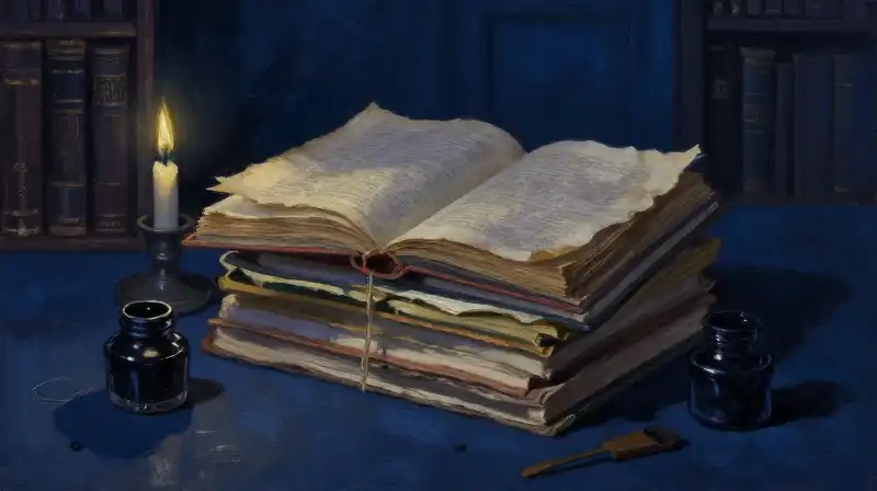 Stack of old books and inkwells in moody blue light
