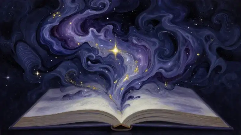 A cosmic nebula emerging from an open book in deep blue tones