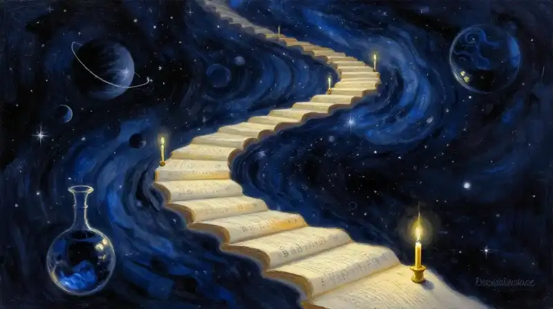 A winding staircase of books ascending through a blue starry nebula