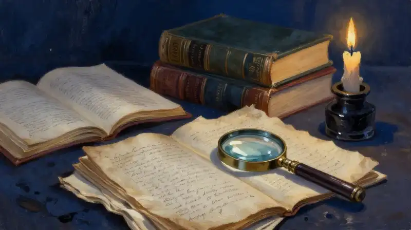 Stack of old books and manuscripts in moody blue lighting