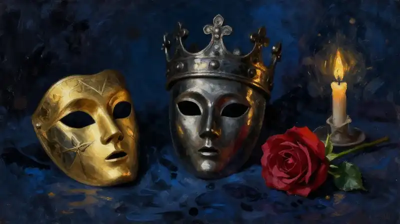 Symbolic objects of comedy, history, and romance in indigo tones