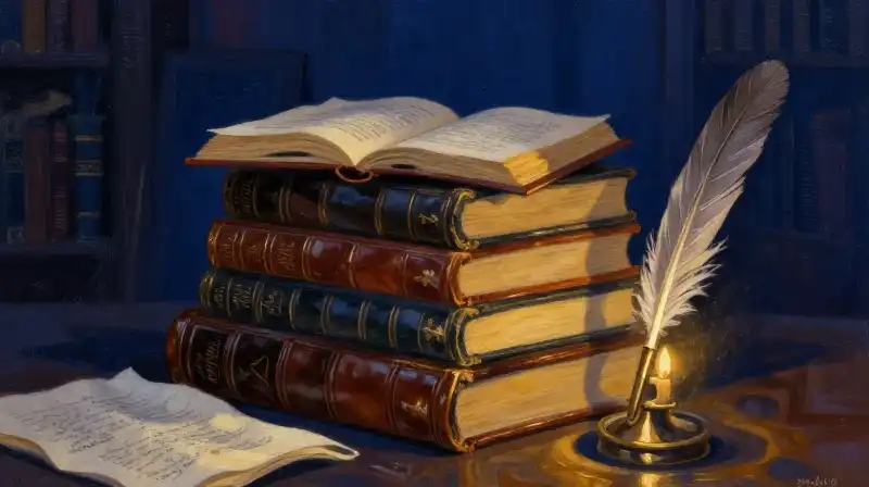 A stack of old books and a quill in a dark blue library