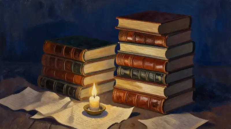 Stacked antique books and parchment in moody blue light