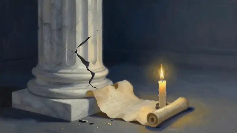 Crumbling marble pillar and parchment in dark blue tones