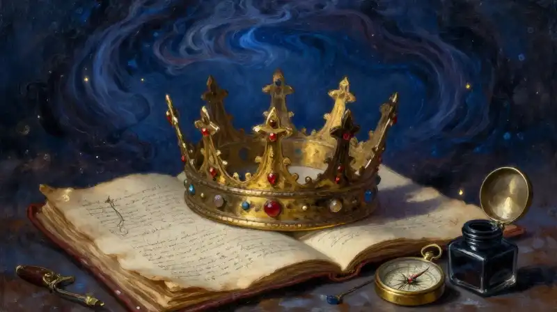 An antique crown and manuscript amidst a swirling magical storm