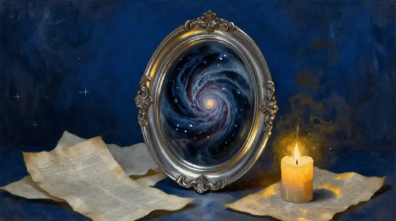 A silver mirror reflecting starlight and ink on dark blue parchment