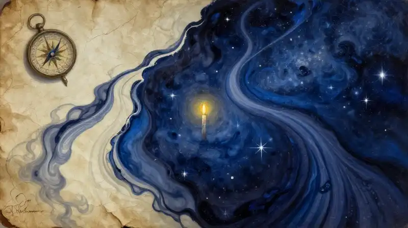 Two divergent paths of starlight on ancient parchment in indigo hues
