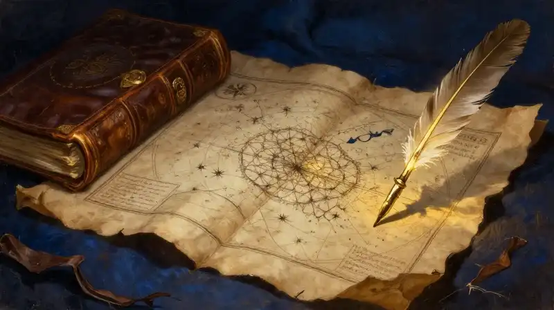 Ancient Star Wars legends manuscripts and a golden quill in indigo light