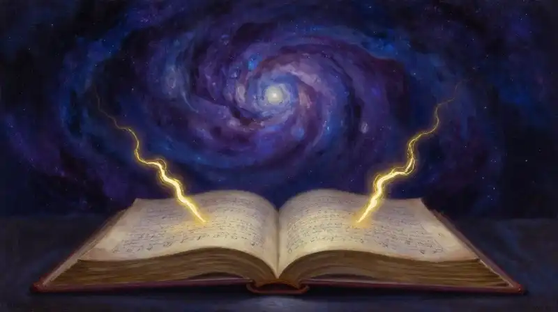 An open book with two glowing paths amidst a blue nebula