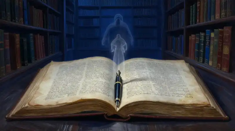 Ink-stained manuscript with subtle superhero silhouettes in blue tones